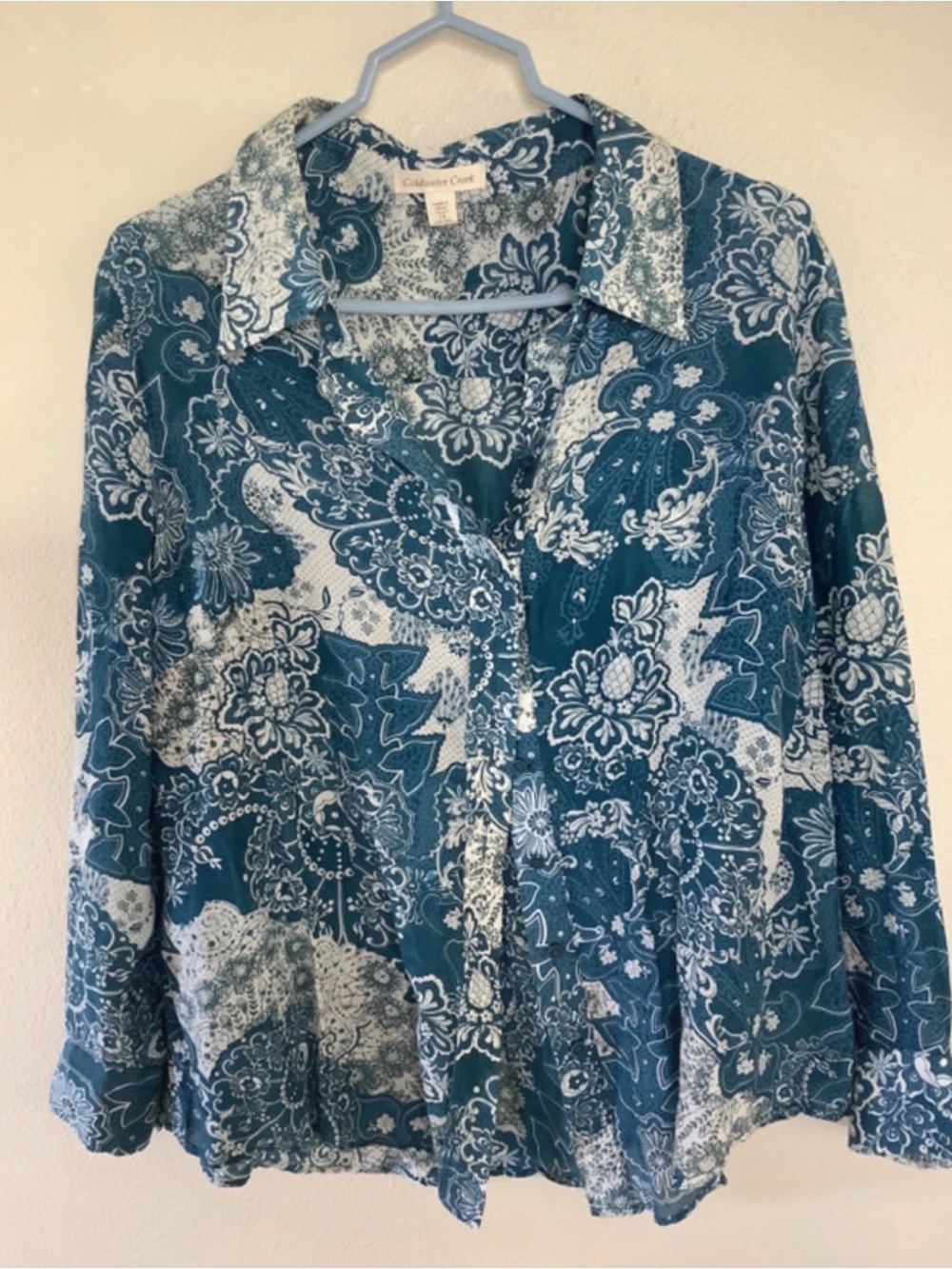 Coldwater Creek Teal and White Paisley Button-Down Shirt